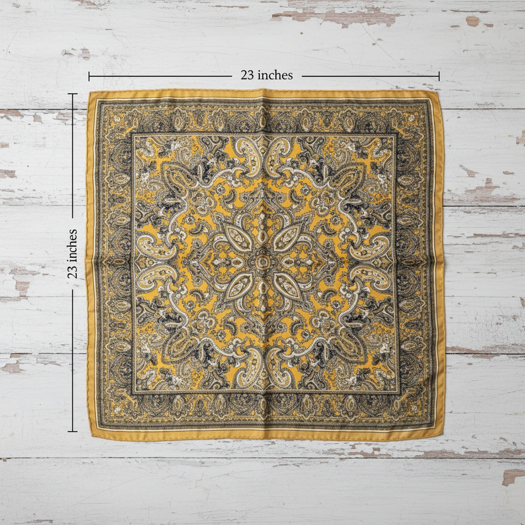 Gold black paisley scarf with 23 inch measurement lines