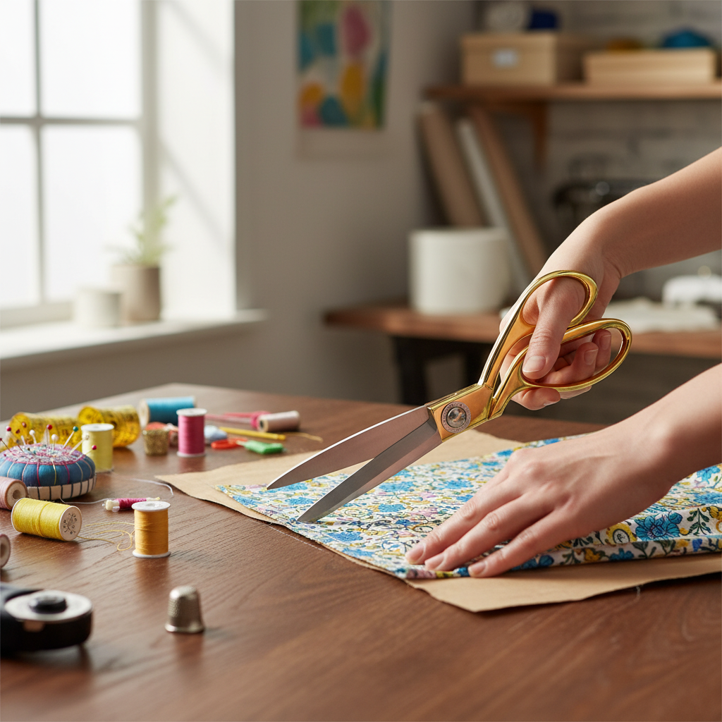Gold scissors cutting fabric on sewing table