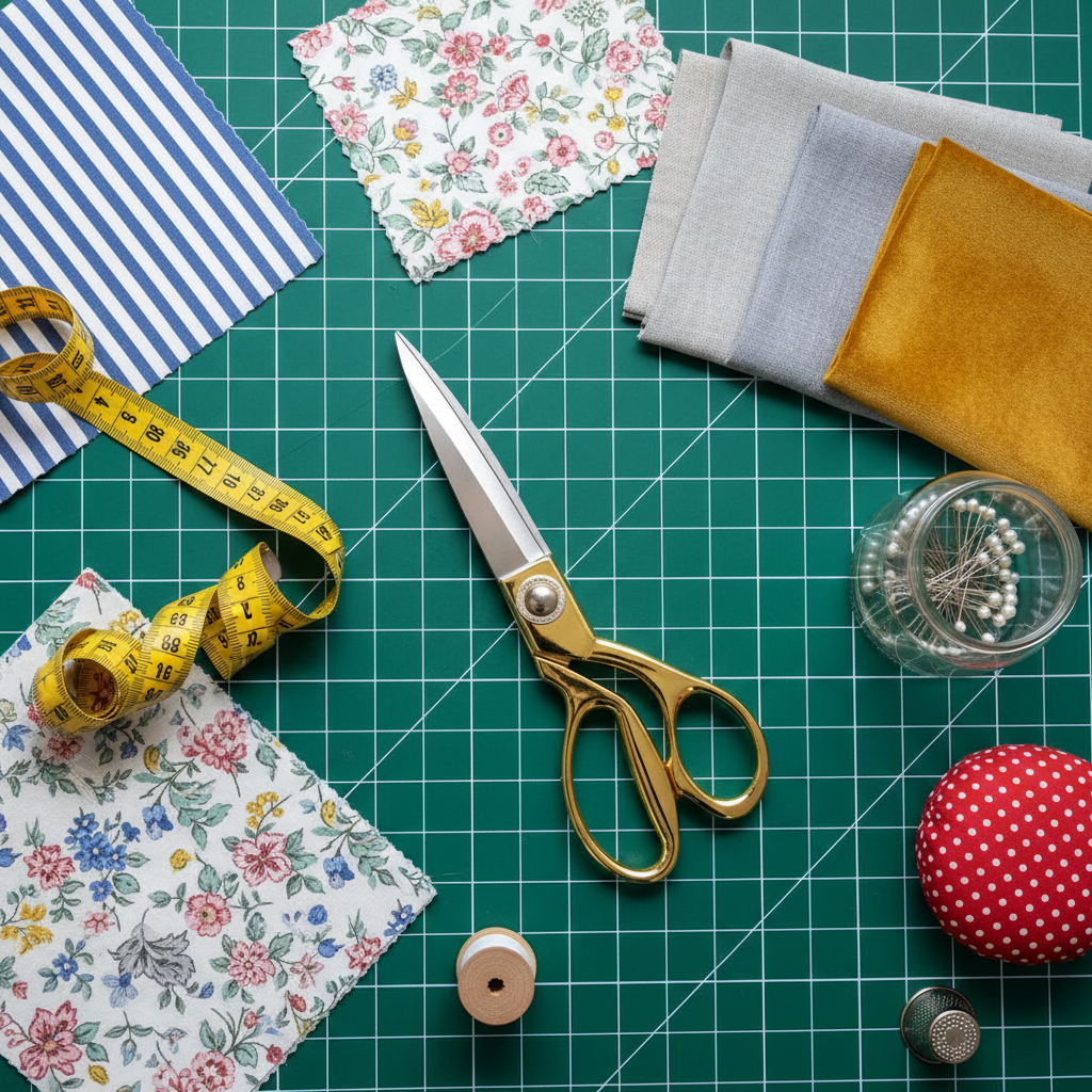 Gold scissors with fabric swatches and sewing notions