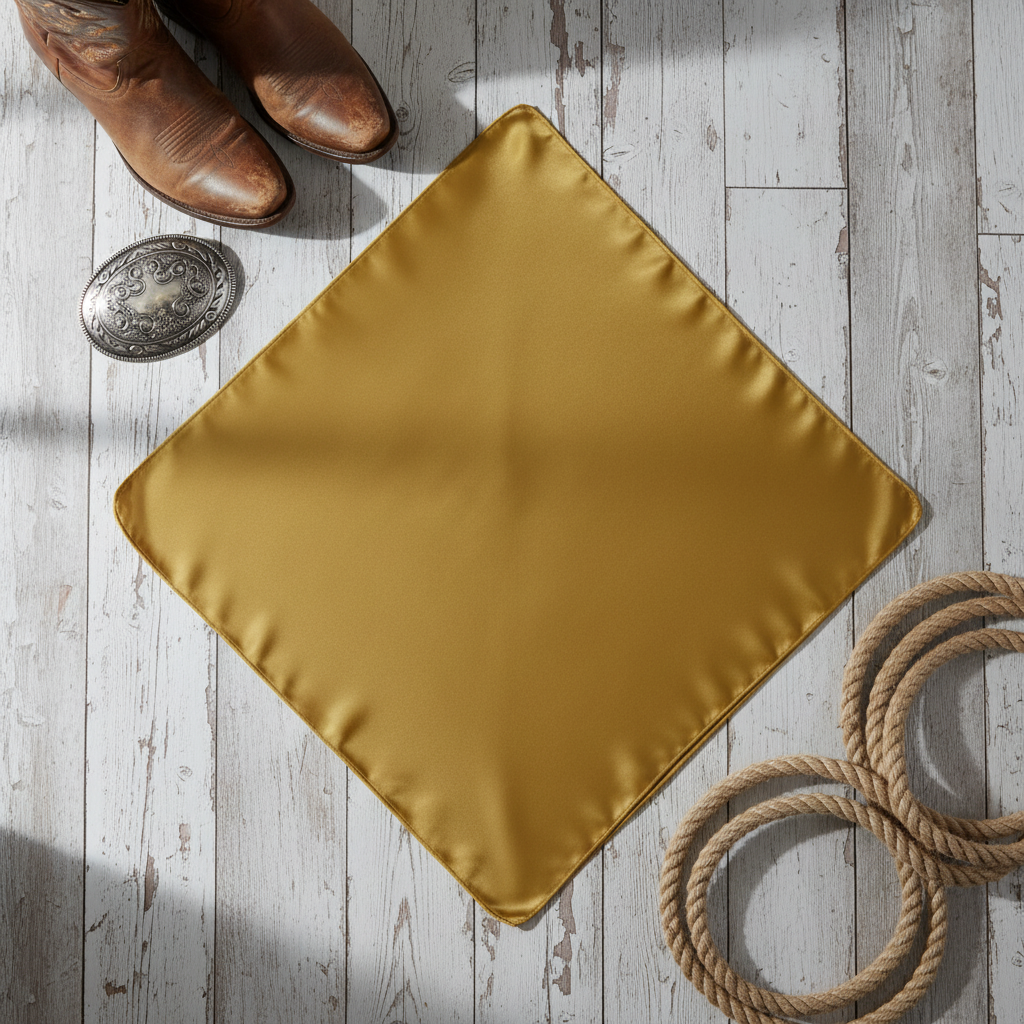 Gold wild rag 23x23 laid flat in square shape with western accessories