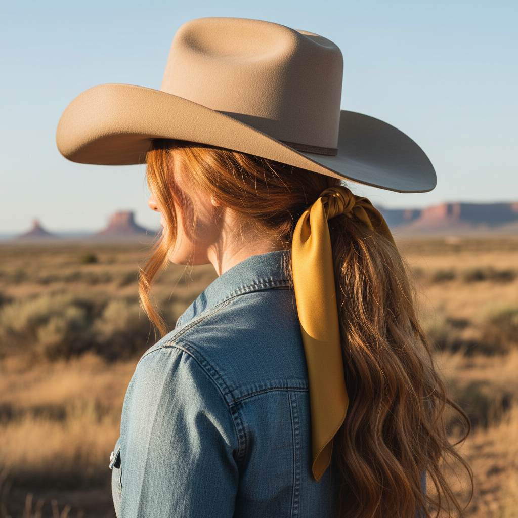 Gold wild rag 23x23 scarf styled as hair tie on cowgirl
