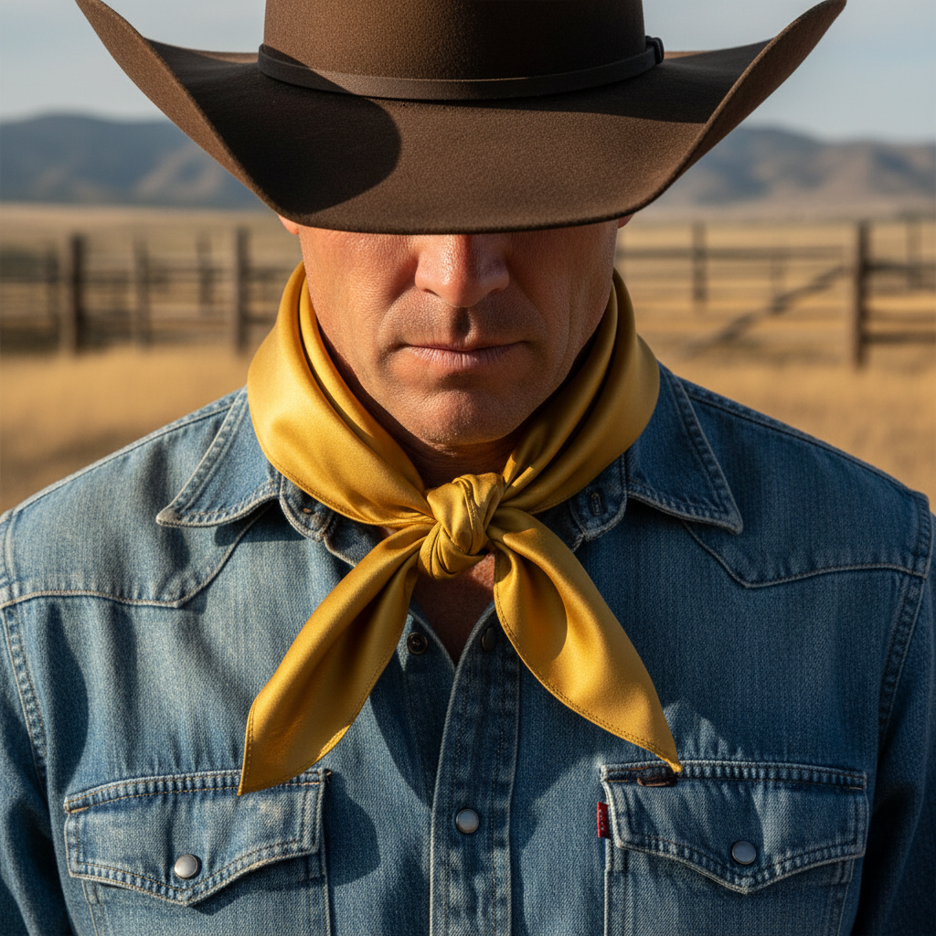 Gold wild rag 23x23 scarf tied in front with visible knot on cowboy