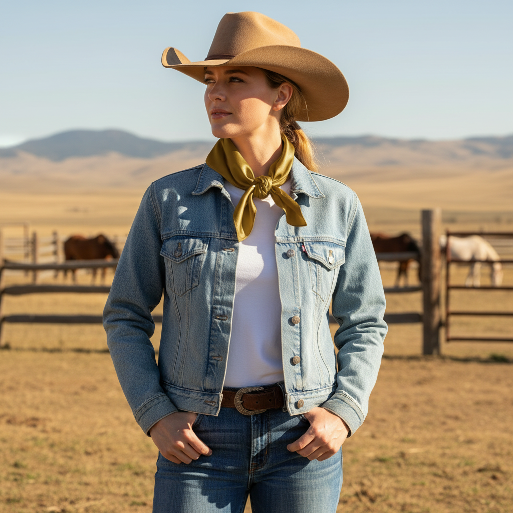 Gold wild rag 23x23 scarf wrapped around cowgirl's neck