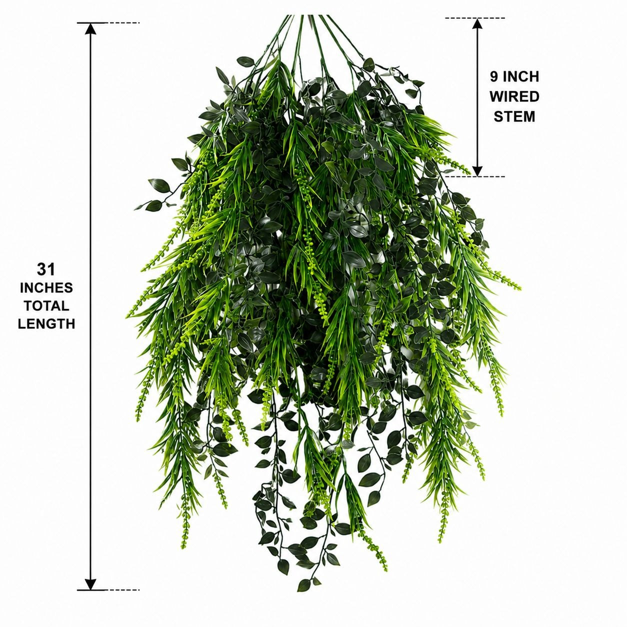 Green artificial hanging foliage plant with layered leaves and trailing vines, shown with measurement callouts indicating 31 inches total length and 9 inch wired stem on a white background.