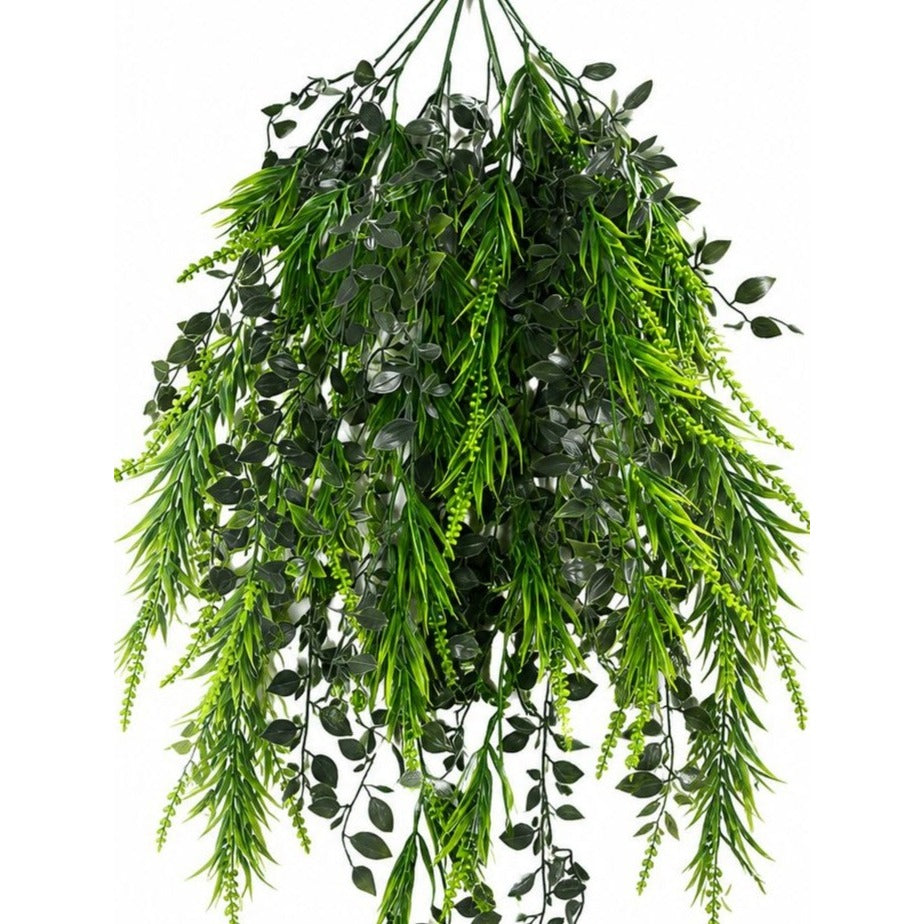 A hanging artificial green leafy vine plant with dense clusters of dark and bright green leaves, photographed against a plain white background.