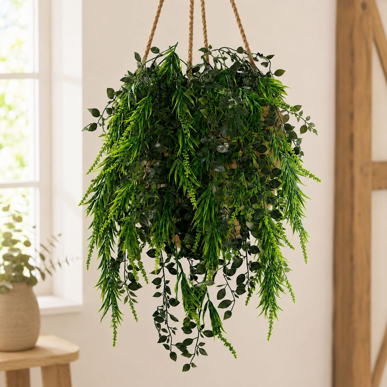 A hanging artificial green plant with dense trailing vines and small oval leaves, suspended by a thick rope in a bright indoor room with a window and wooden wall panel visible in the background.