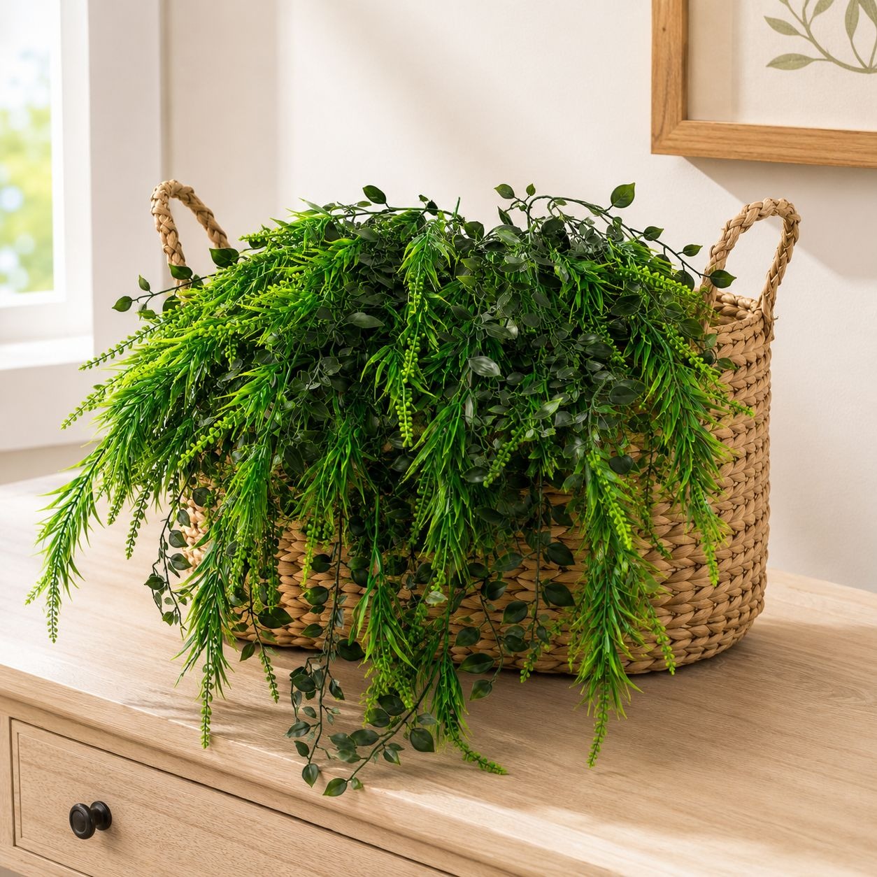 A natural woven seagrass basket with two handles, filled with lush green artificial foliage, displayed on a light wood dresser in a bright room.