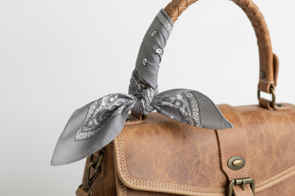 Gray paisley bandana wrapped around purse handle