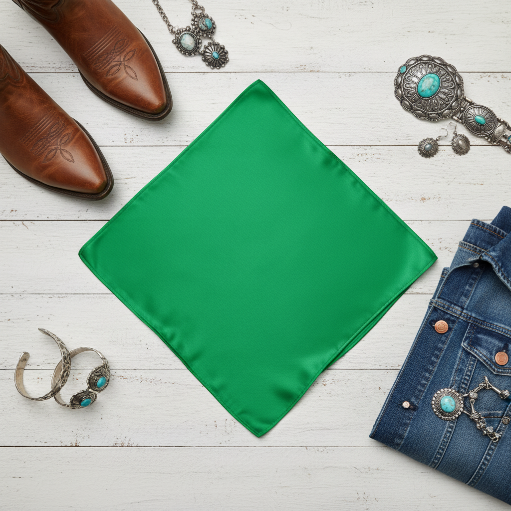 Green satin scarf 19x19 flat lay with western accessories
