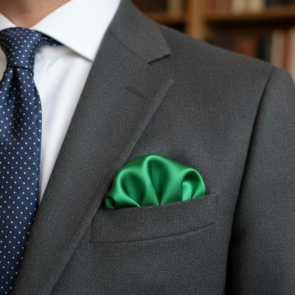 Green satin scarf 19x19 folded as pocket square in blazer