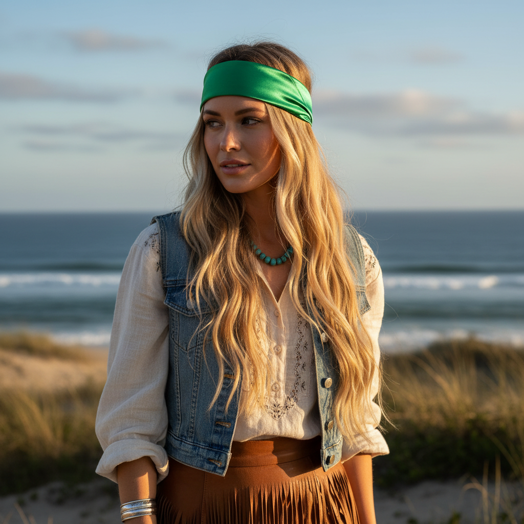 Green satin scarf 19x19 styled as headband boho cowgirl chic
