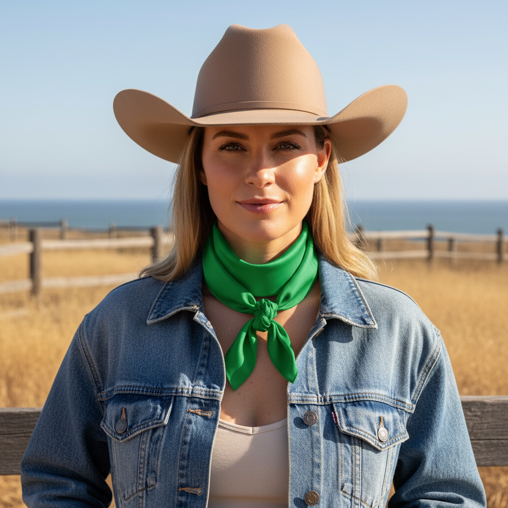 Green satin scarf 19x19 tied as neckerchief on woman