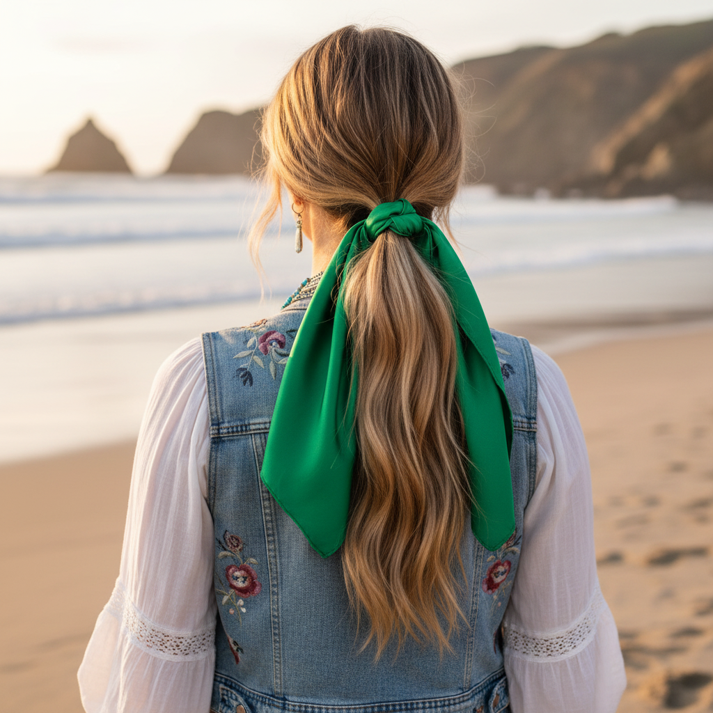 Green satin scarf 19x19 tied at ponytail draping down