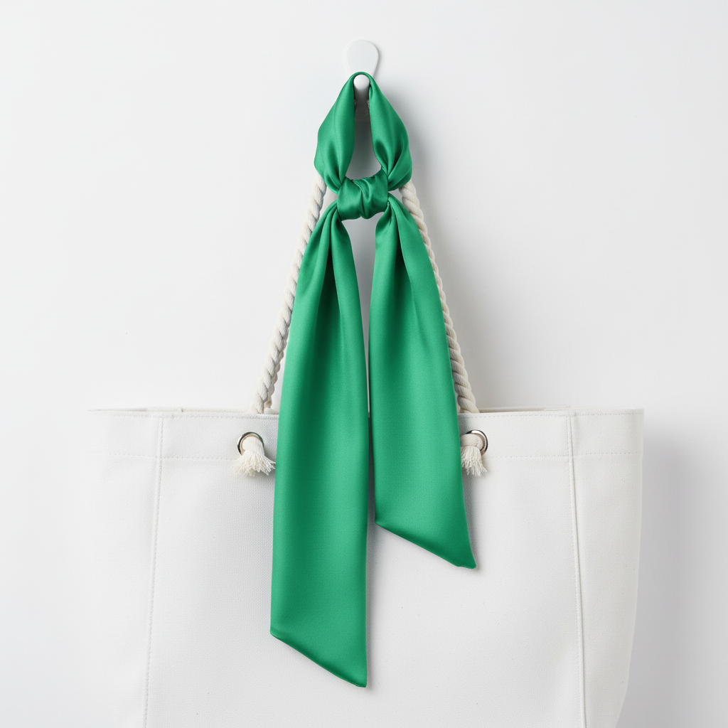 Green satin scarf 19x19 tied on white purse draping down