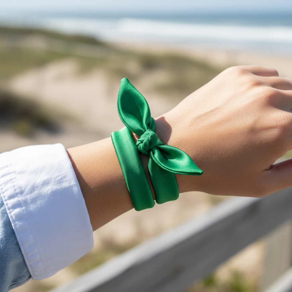 Green satin scarf 19x19 wrapped twice around wrist with bow
