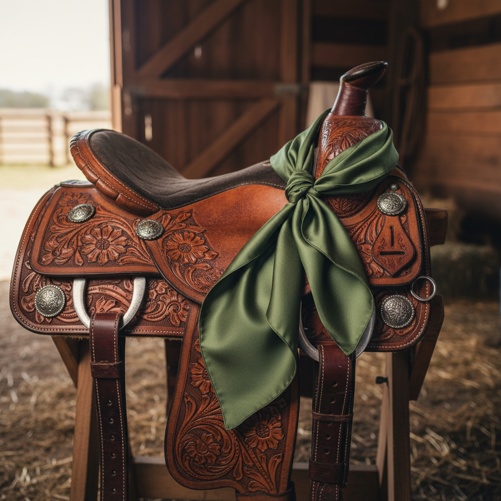 Green wild rag 23x23 draped over western saddle with tack