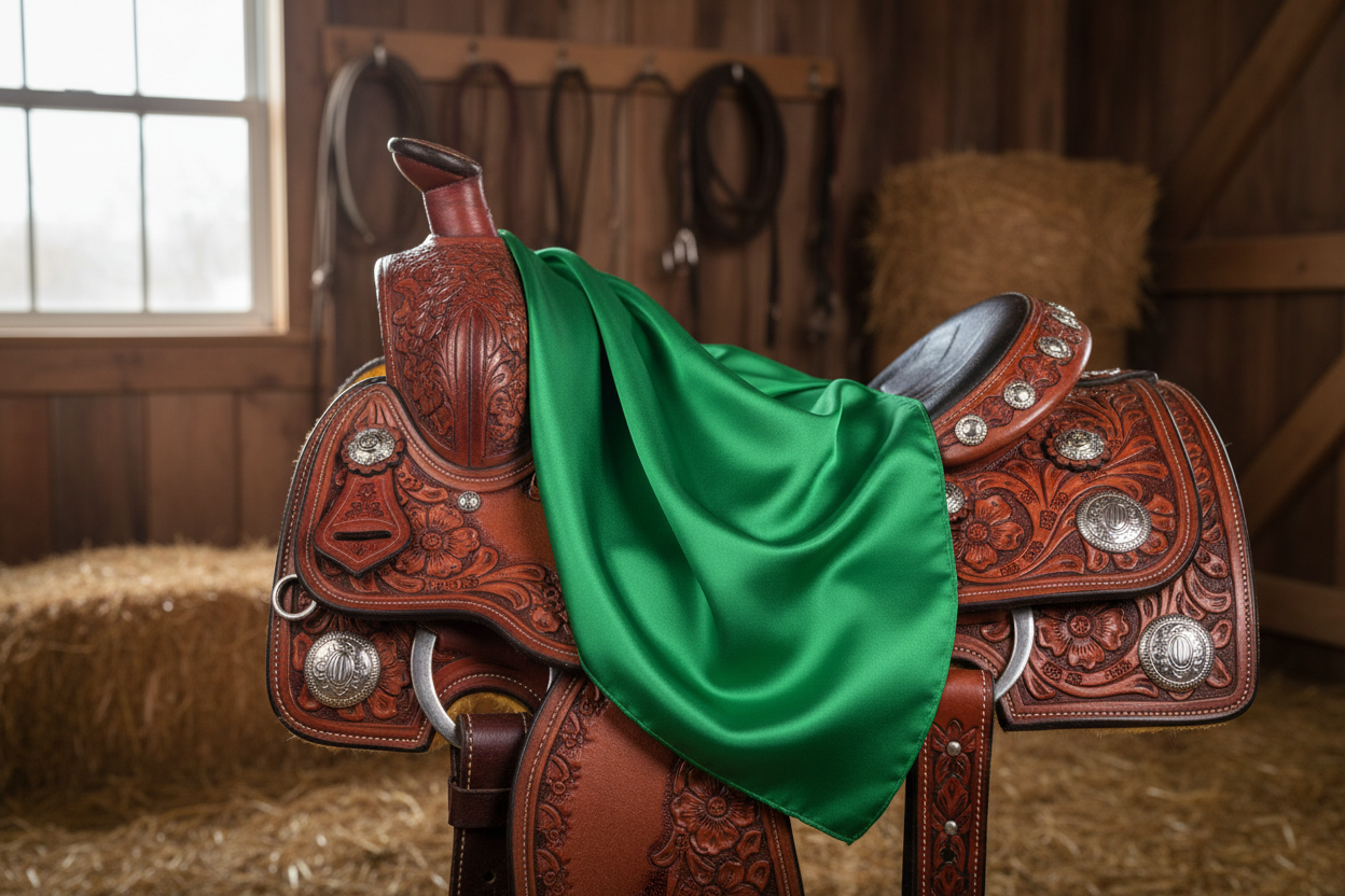Green wild rag 23x23 draped over western saddle with tack