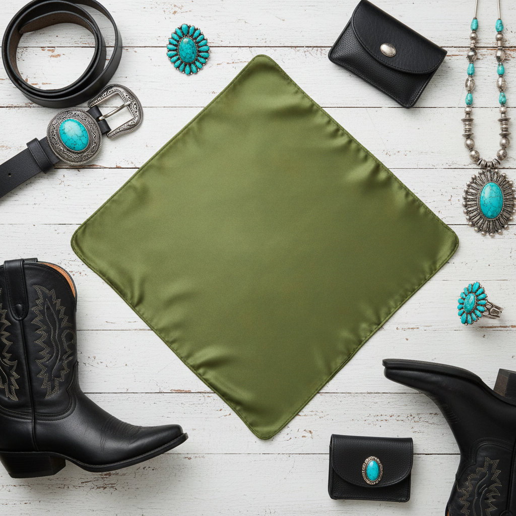 Green wild rag 23x23 flat lay with black boots and silver turquoise accessories