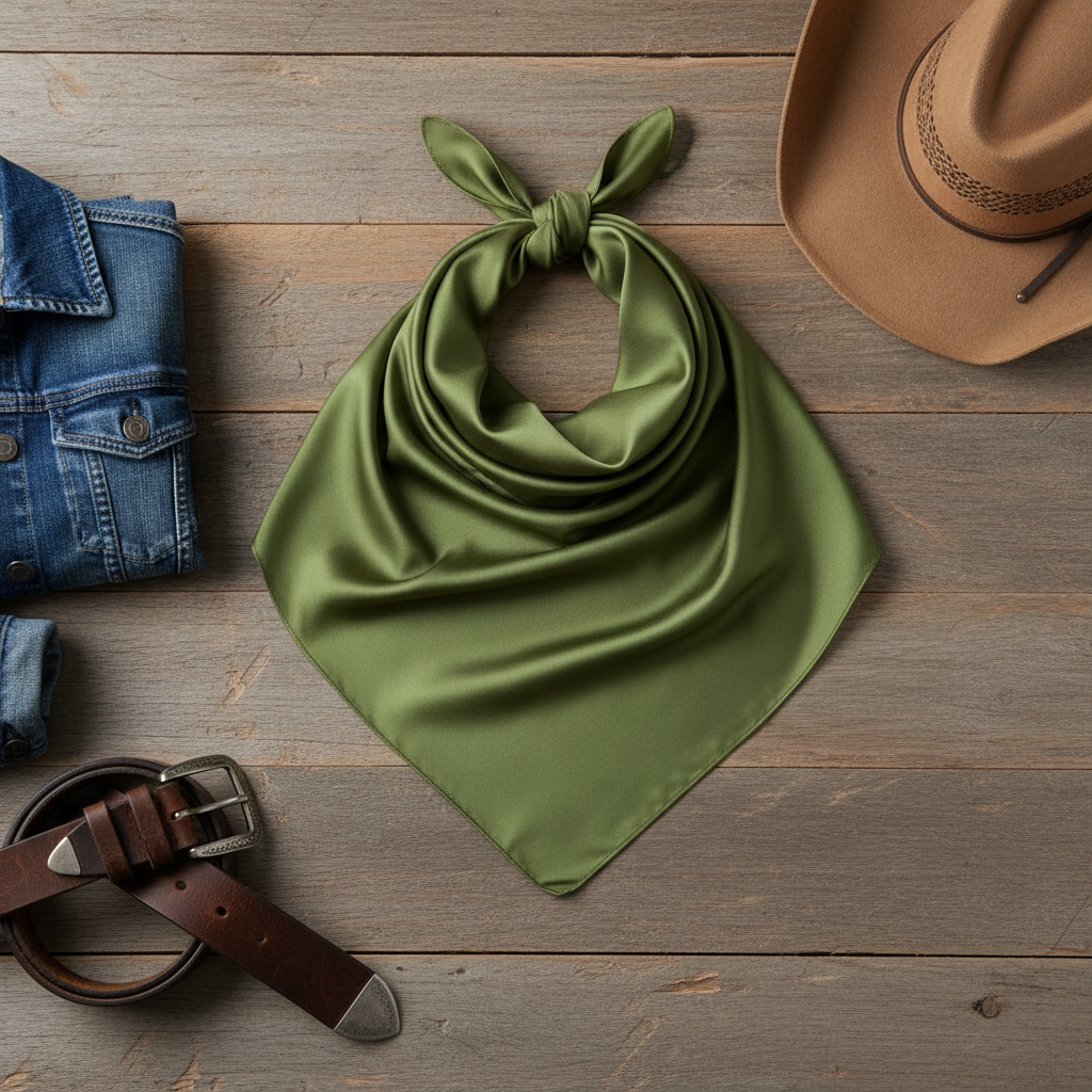 Green wild rag 23x23 flat lay with denim jacket and cowboy hat
