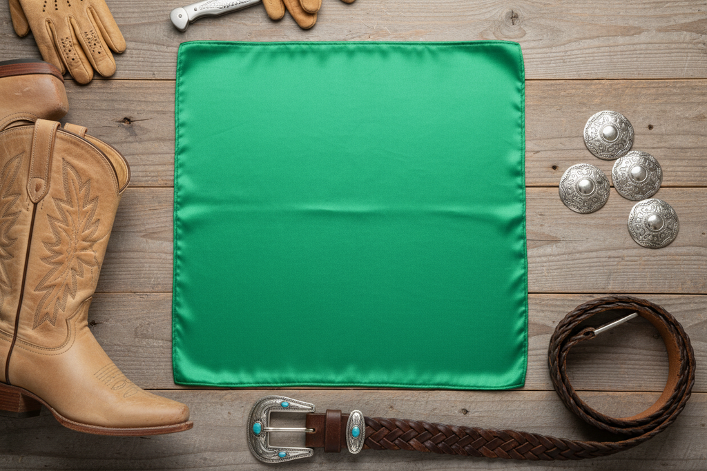 Green wild rag 23x23 laid flat in square shape with western accessories