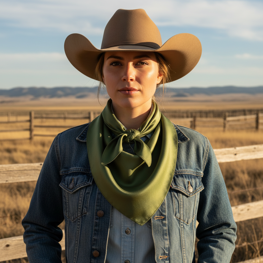 Green wild rag 23x23 scarf wrapped around cowgirl's neck