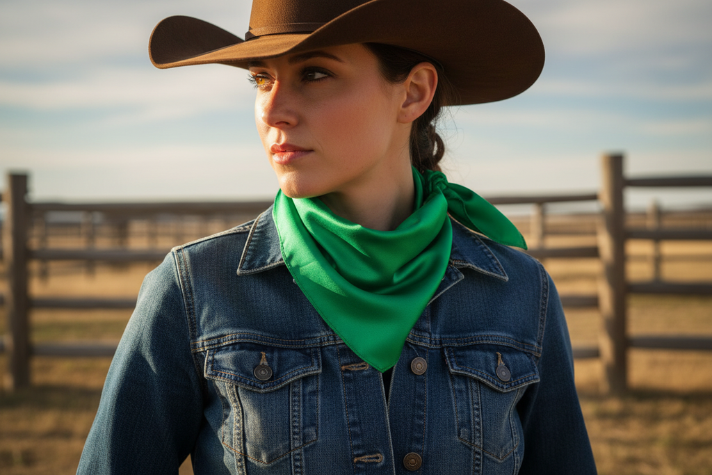 Green wild rag 23x23 scarf wrapped around cowgirl's neck