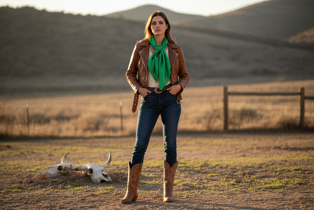 Green wild rag 23x23 styled with leather jacket and boots