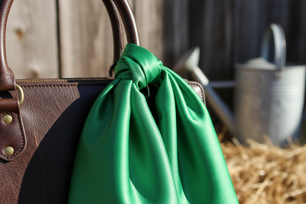 Green wild rag 23x23 tied on western leather purse