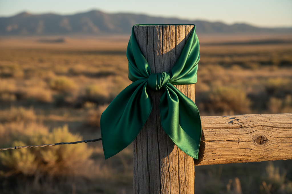 Green wild rag scarf draped over ranch fence post