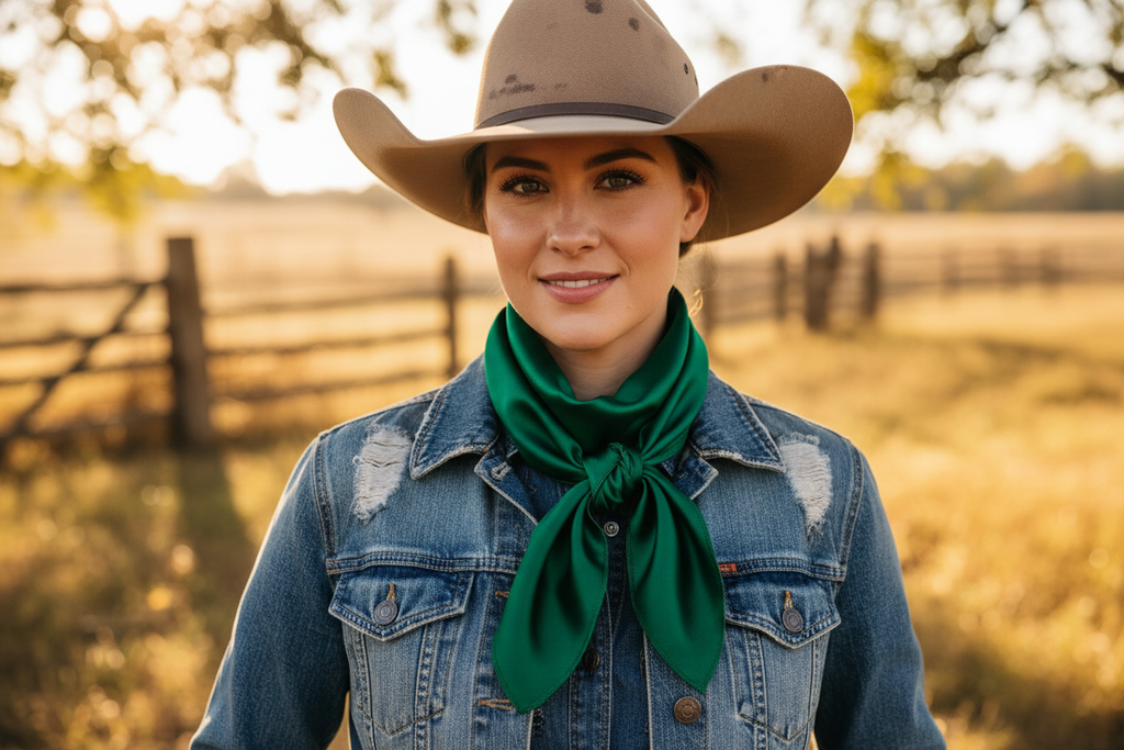 Green wild rag scarf worn by cowgirl with denim and hat