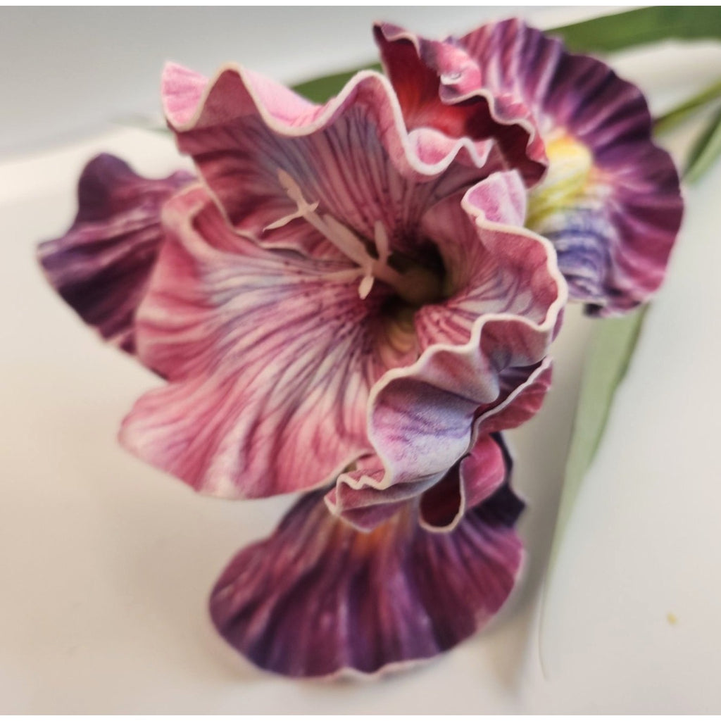 Artificial Iris Flower 33 Inch Tall Purple Faux Iris Stem Hand Painted Look Floral Decor