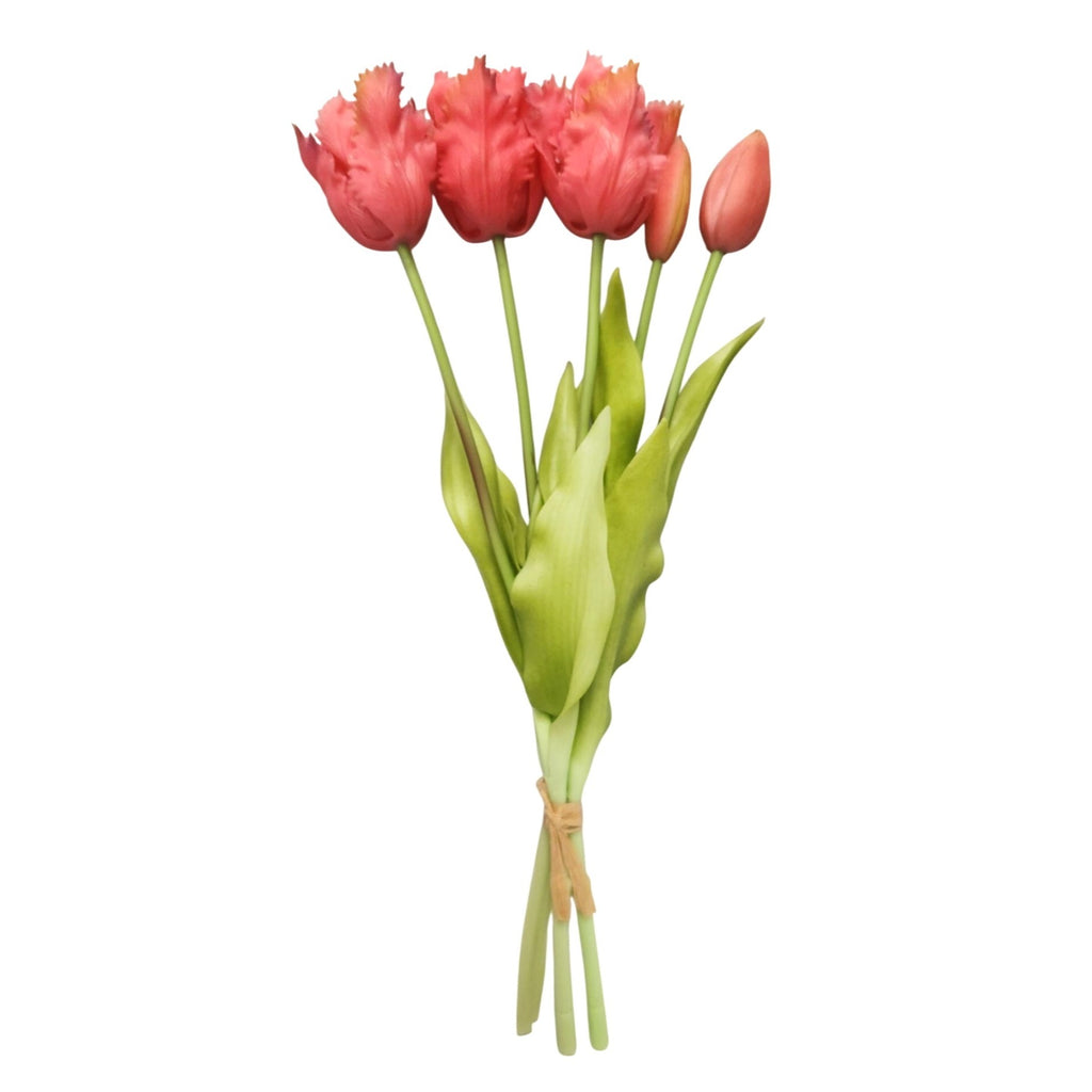 Coral Pink Tulip Bouquet with Purple Tips – 15 Inch Faux Spring Flowers – Farmhouse Cottage Vintage Decor