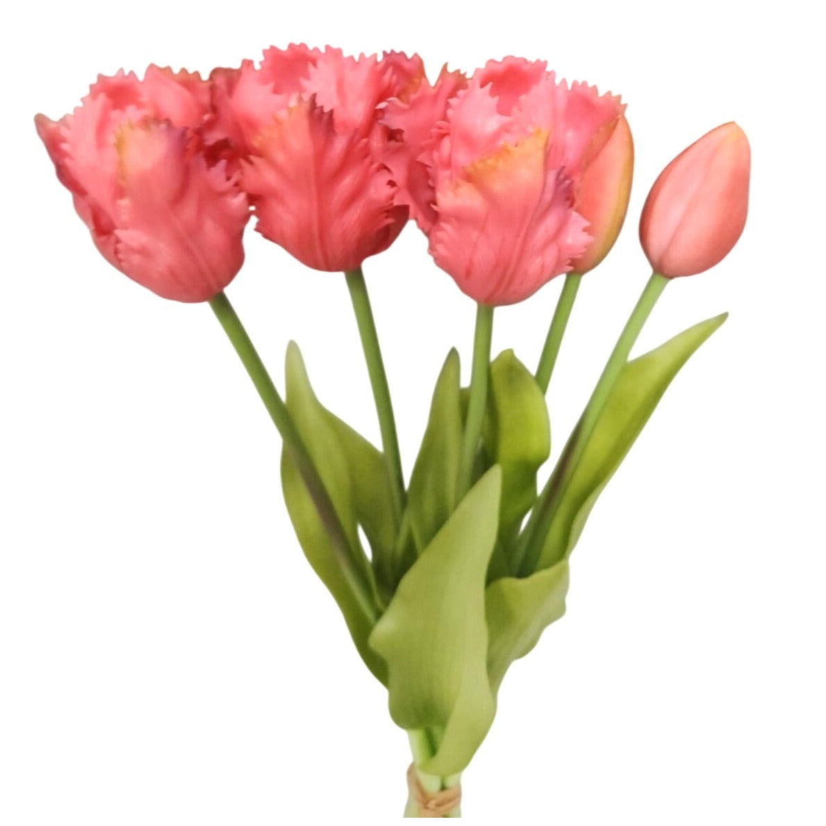 Coral Pink Tulip Bouquet with Purple Tips – 15 Inch Faux Spring Flowers – Farmhouse Cottage Vintage Decor