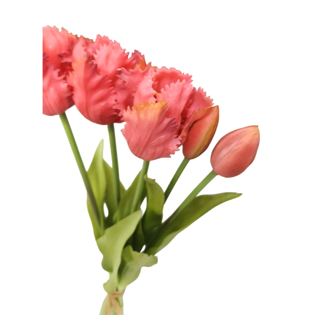 Coral Pink Tulip Bouquet with Purple Tips – 15 Inch Faux Spring Flowers – Farmhouse Cottage Vintage Decor