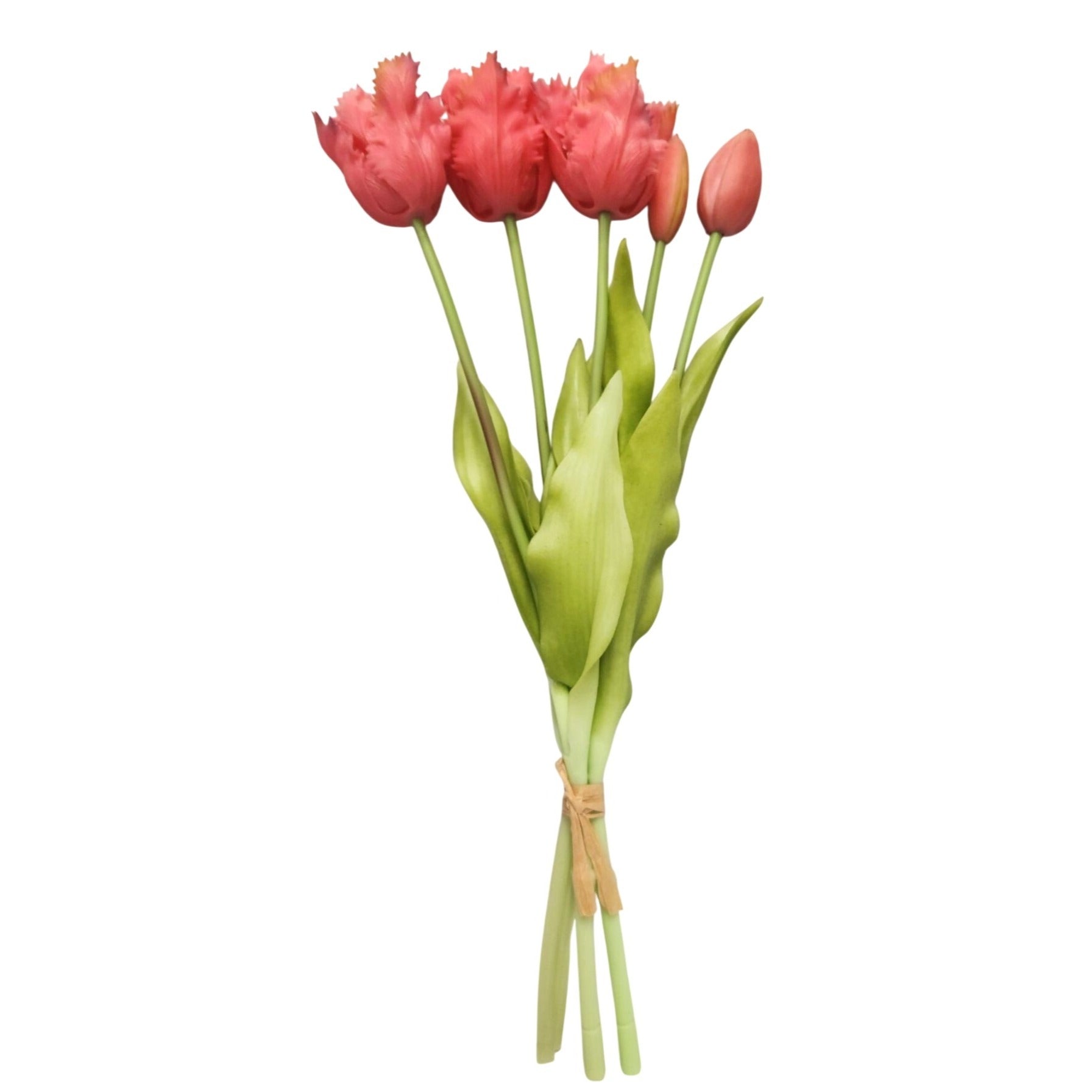 Coral Pink Tulip Bouquet with Purple Tips – 15 Inch Faux Spring Flowers – Farmhouse Cottage Vintage Decor