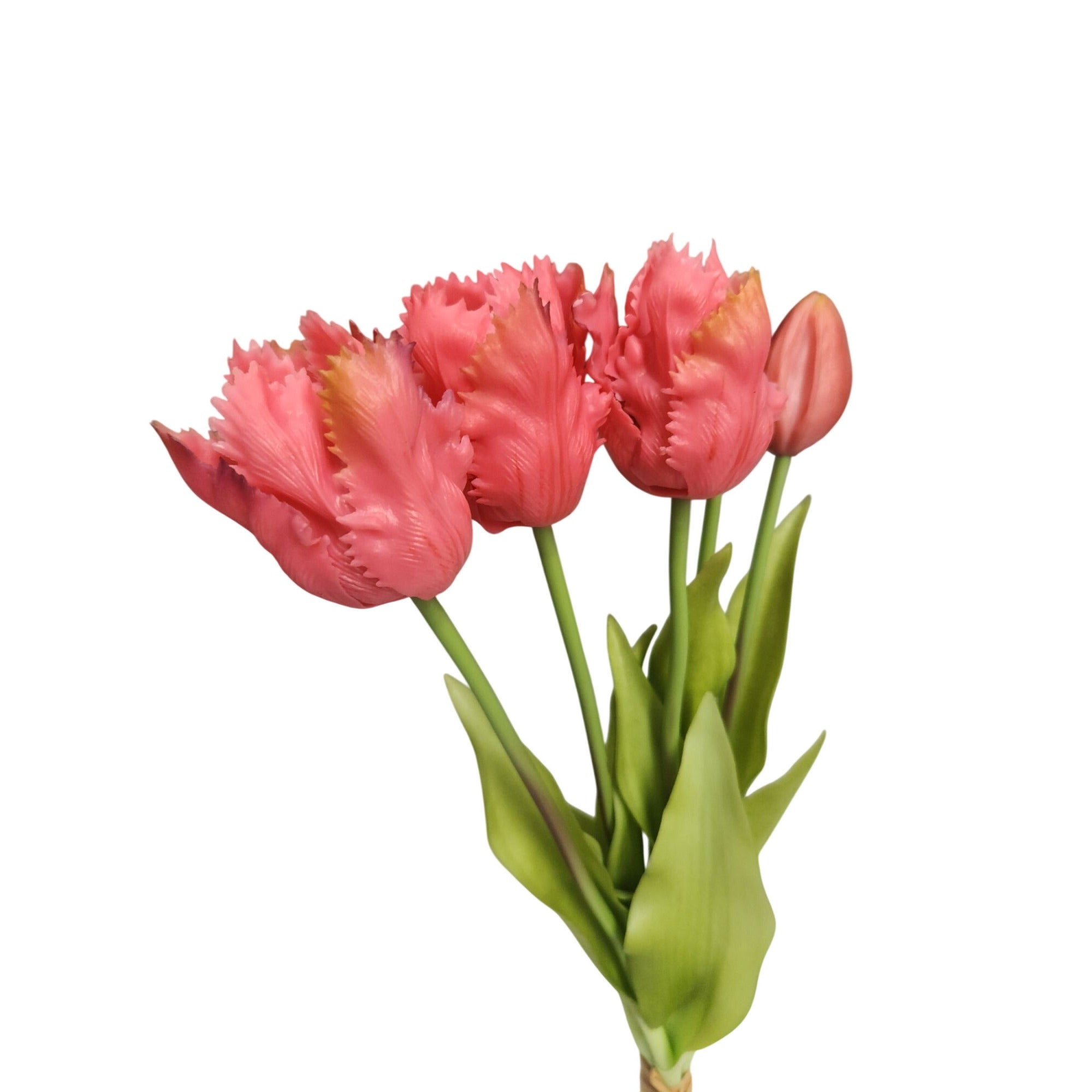 Coral Pink Tulip Bouquet with Purple Tips – 15 Inch Faux Spring Flowers – Farmhouse Cottage Vintage Decor