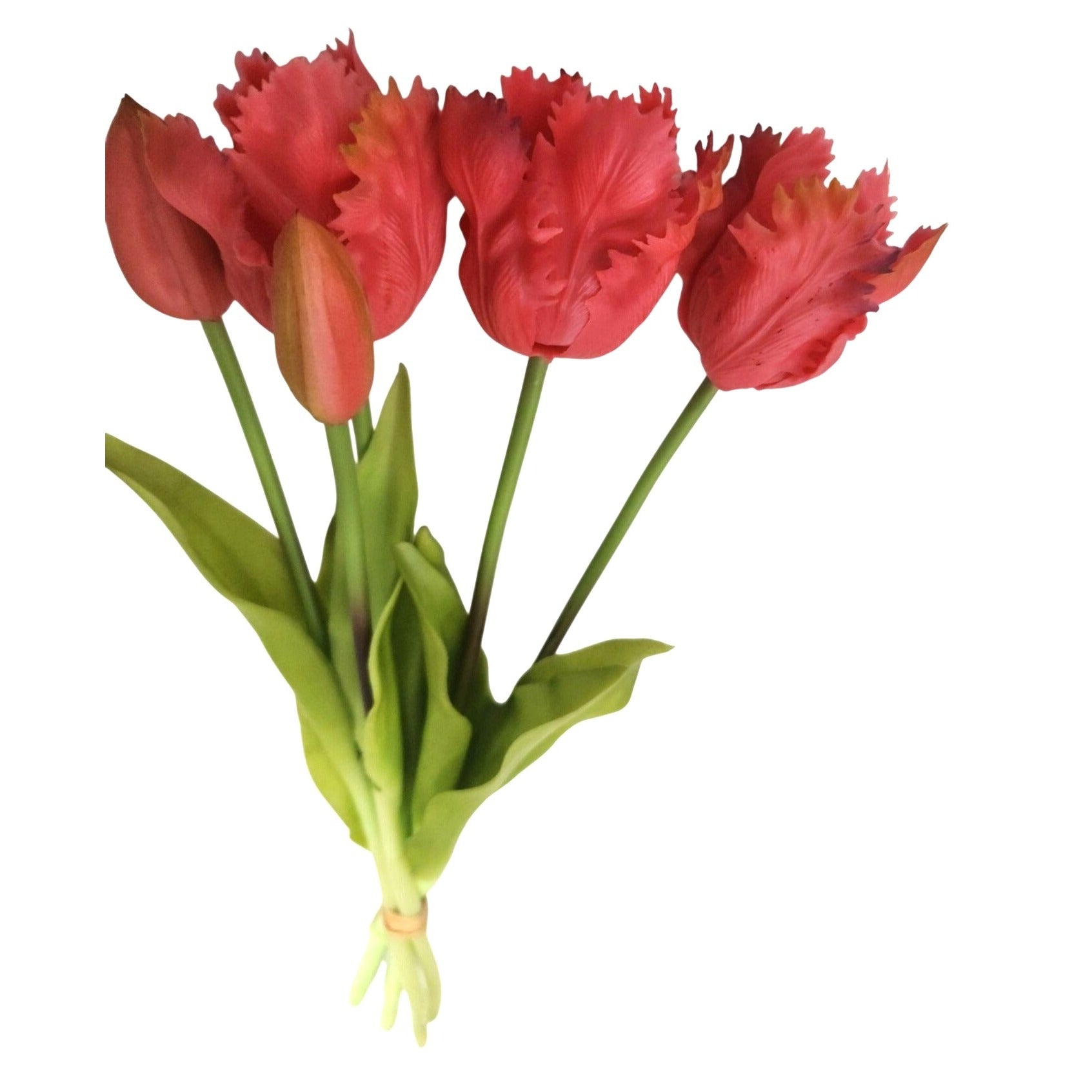 Coral Pink Tulip Bouquet with Purple Tips – 15 Inch Faux Spring Flowers – Farmhouse Cottage Vintage Decor