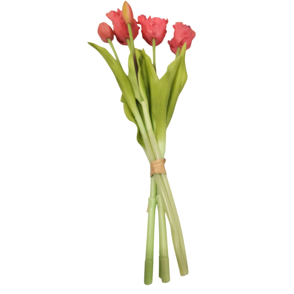 Coral Pink Tulip Bouquet with Purple Tips – 15 Inch Faux Spring Flowers – Farmhouse Cottage Vintage Decor