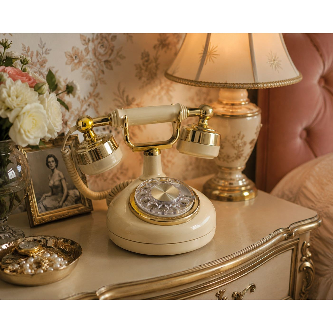 Vintage Western Electric Princess Telephone Beige Rotary Phone Gold Trim Hollywood Regency Decor Bell System
