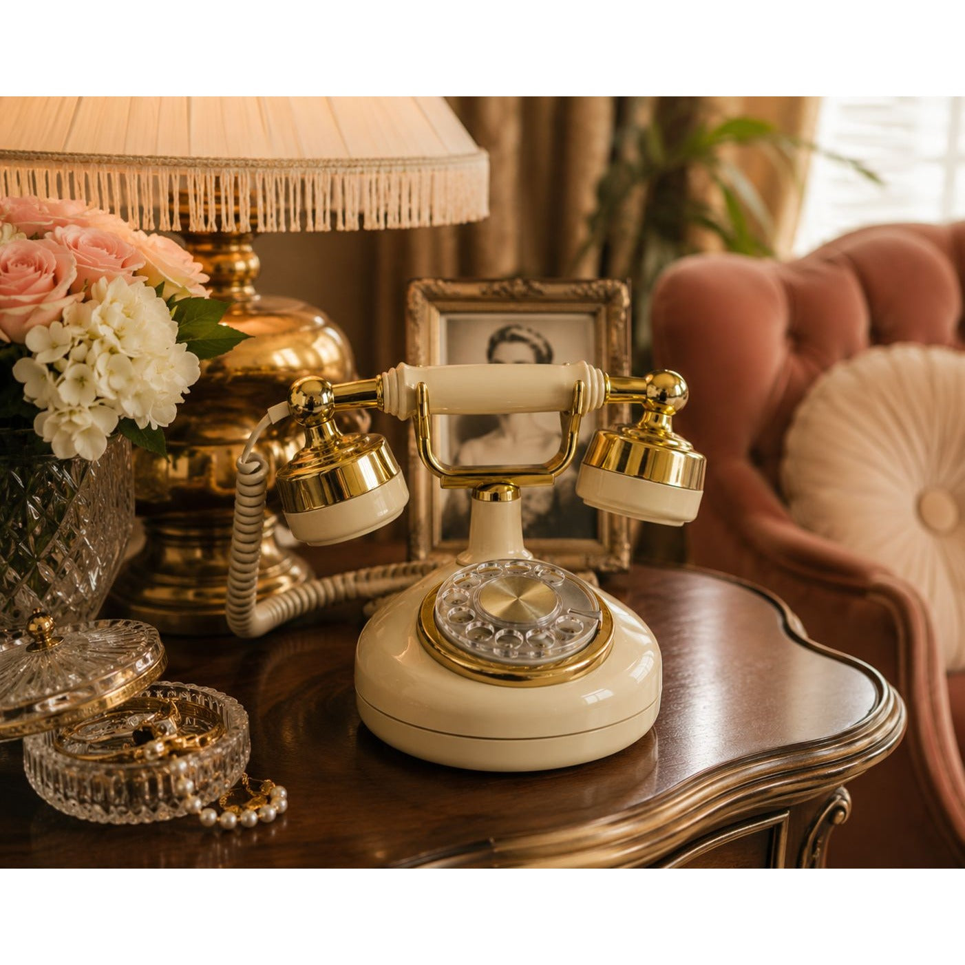Vintage Western Electric Princess Telephone Beige Rotary Phone Gold Trim Hollywood Regency Decor Bell System