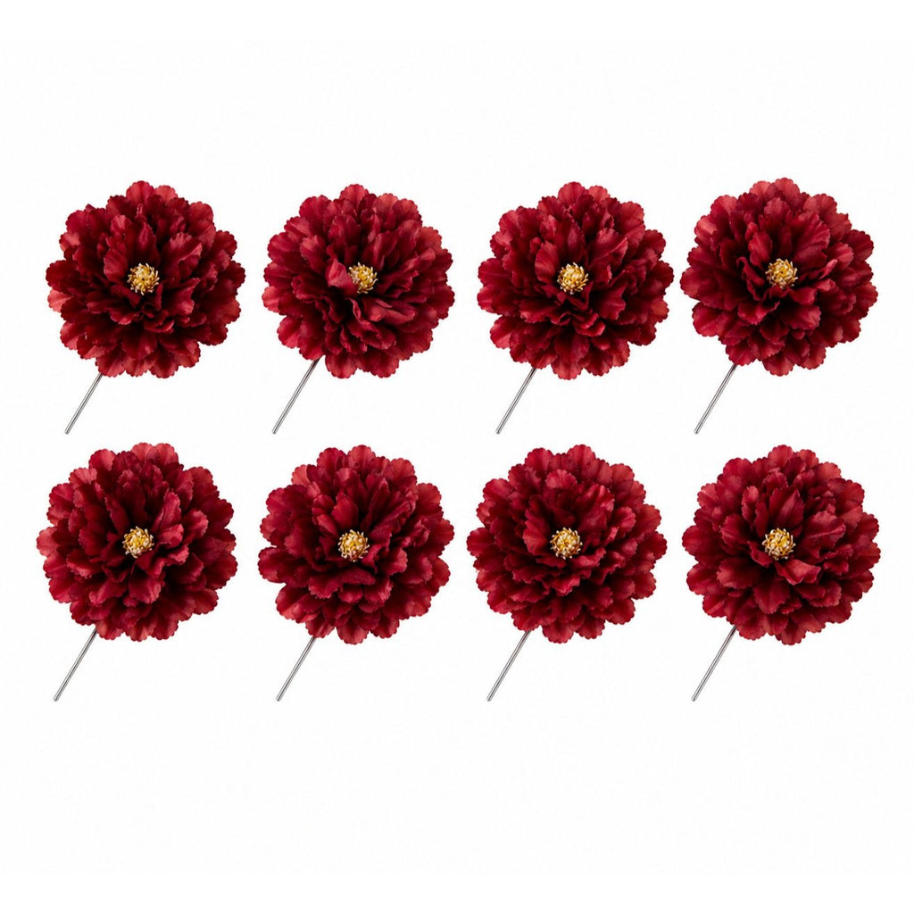 Red Peony Flower Picks Set of 8 Burgundy Red Blooms Wired Floral for Wreaths Hats Hair Crafts