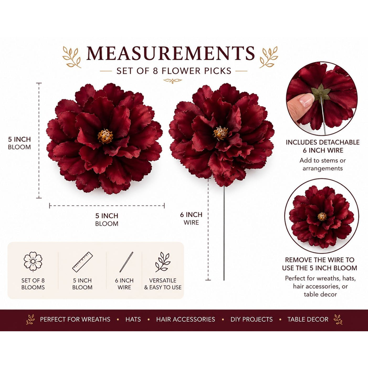 Measurement chart for red flower picks with details on size and use.