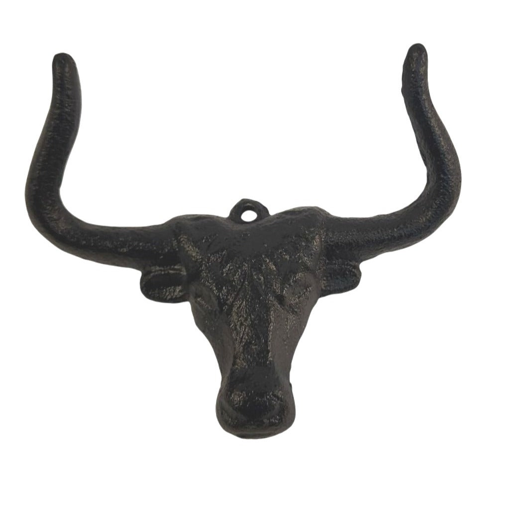 Cast Iron Bull Head Shaped Hat Holder Wall Coat Hook With Rustic Black Finish Decorative Hanger For Western Ranch Or Country Themes