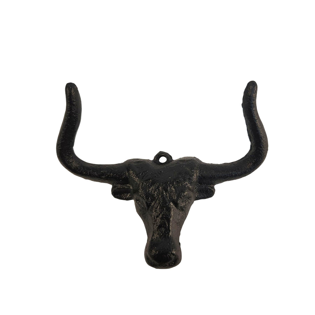 Cast Iron Bull Head Shaped Hat Holder Wall Coat Hook With Rustic Black Finish Decorative Hanger For Western Ranch Or Country Themes