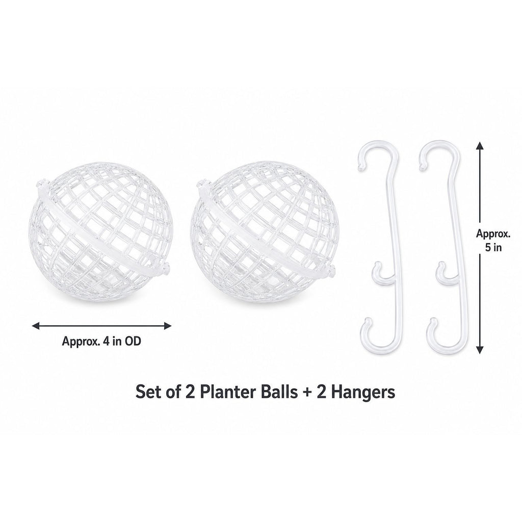 Two white plastic planter balls with two hanging hooks shown on a white background, with dimension arrows and text indicating approximately 4 in OD and 5 in hanger length.