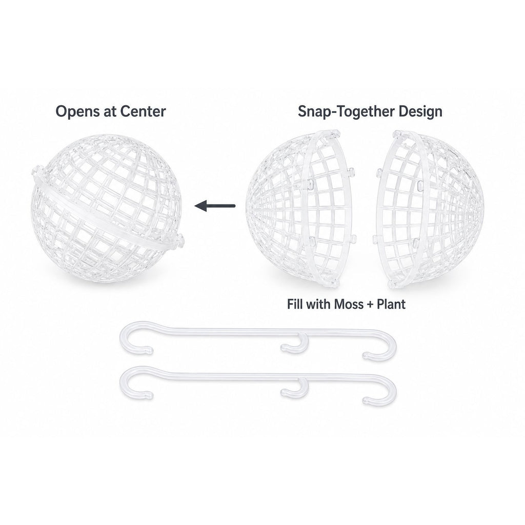 White hanging planter sphere shown disassembled into two halves with text labels explaining the snap-together design and how to fill it with moss and plant, plus two white hook supports below on a white background.
