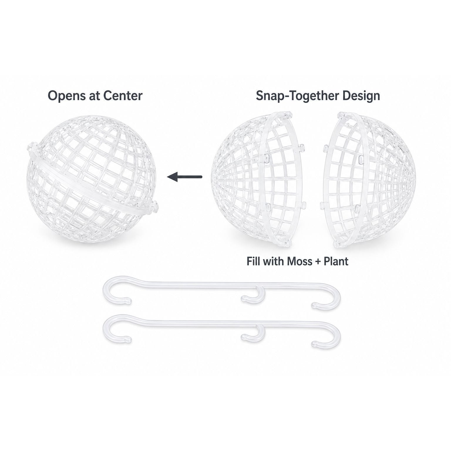 White hanging planter sphere shown disassembled into two halves with text labels explaining the snap-together design and how to fill it with moss and plant, plus two white hook supports below on a white background.