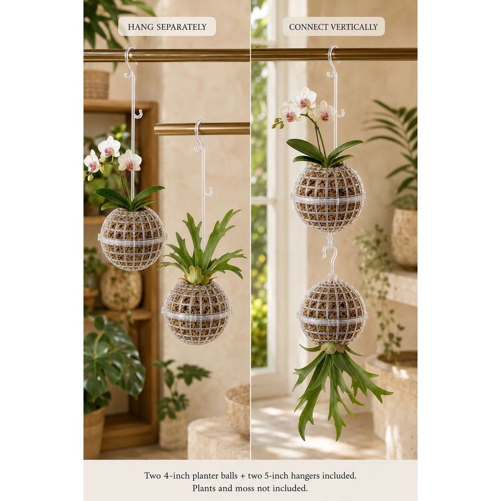 A split comparison showing two ways to hang a hanging planter: on the left, 'HANG SEPARATELY' with one spherical woven planter holding a 4-inch planter ball and orchids; on the right, 'CONNECT VERTICALLY' with two connected hanging planter balls, one holding a 4-inch ball and one holding a 5-inch planter ball with a plant. Text at the bottom lists included items: two 4-inch planter balls and two 5-inch hangers, excluding plants and moss.