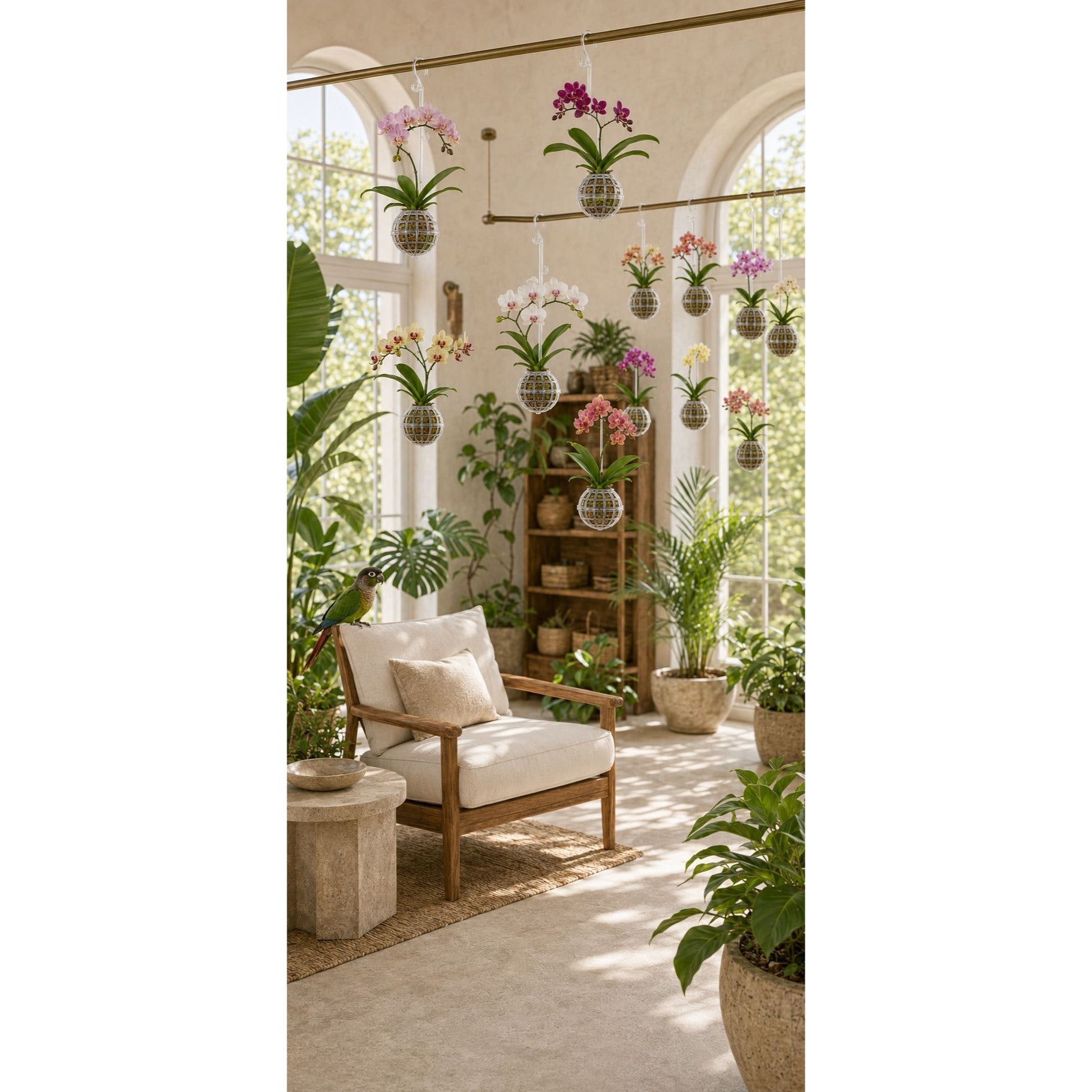 A styled interior room with a wooden armchair, potted plants, hanging glass planters, and a shelving unit filled with flowers and greenery near tall arched windows.