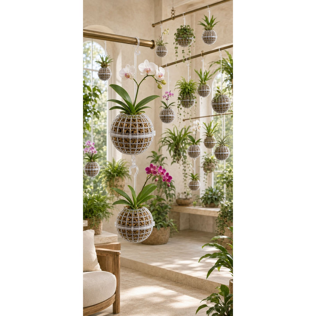 A styled interior scene with multiple hanging woven planters suspended from a rod, filled with green plants and some white and pink flowers, set in a bright sunlit room with windows, stone steps, and a chair partially visible.